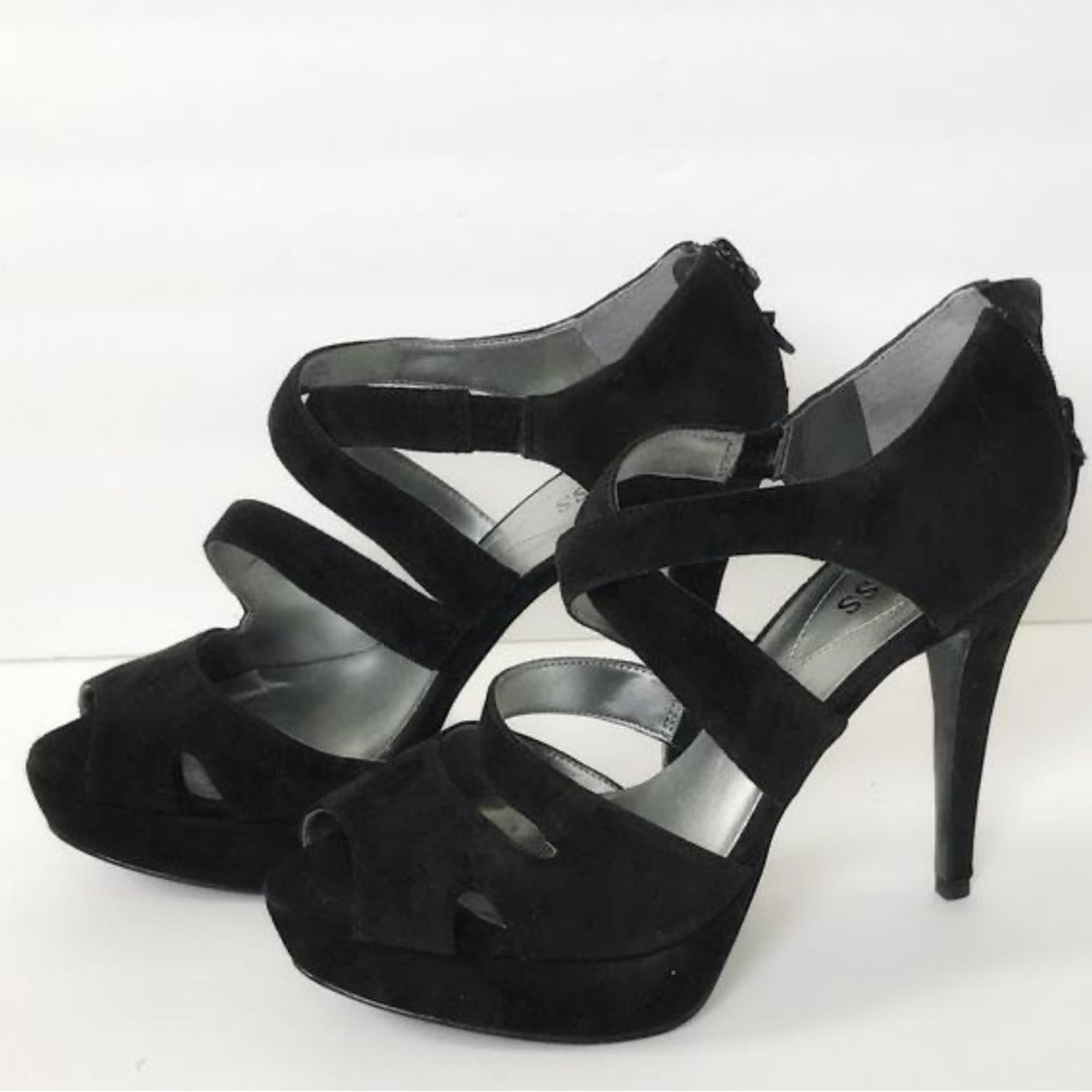 Guess black suede high heels sandals open toe platform Sz 9‎ 1/2